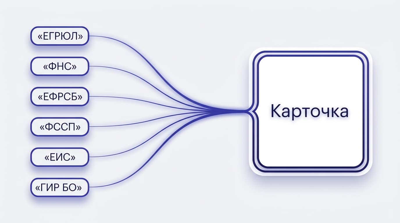 Источники сводятся в одну карточку: ЕГРЮЛ, ФНС, ЕФРСБ, ФССП, ЕИС, ГИР БО